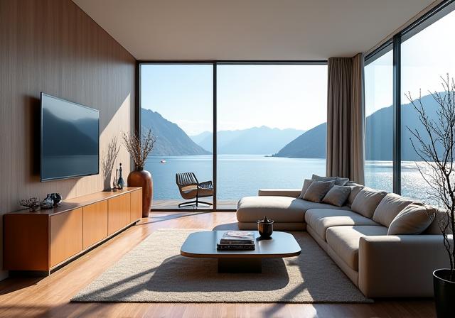Modernes Wohnzimmer in einem Penthouse mit Blick auf den Zürichsee, ausgestattet mit Möbeln von Möbel Glanz.